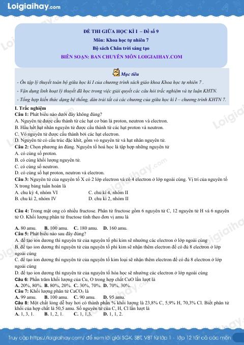 Đề thi giữa kì 1 KHTN 7 Cánh diều - Đề số 6